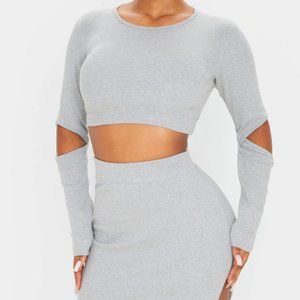 NWT PRETTY LITTLE THINGGREY CUT OUT SLEEVE RIB KNIT TOP